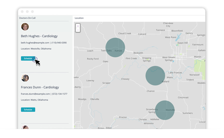 A sample dashboard showing on-call doctors and their location